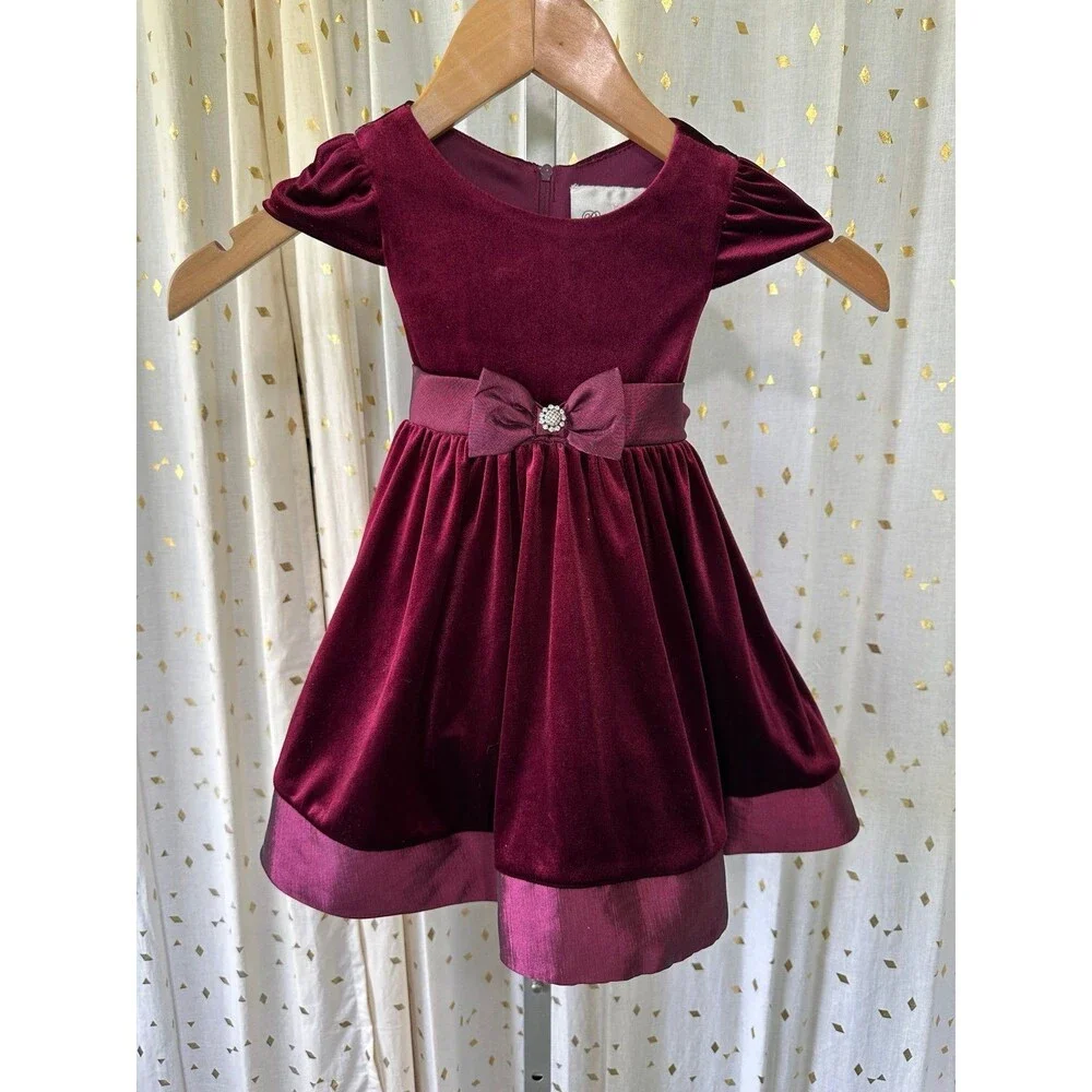 Rare Editions Baby Girl Velvet Taffeta Trim Rhinestone Social Formal Dress 18M